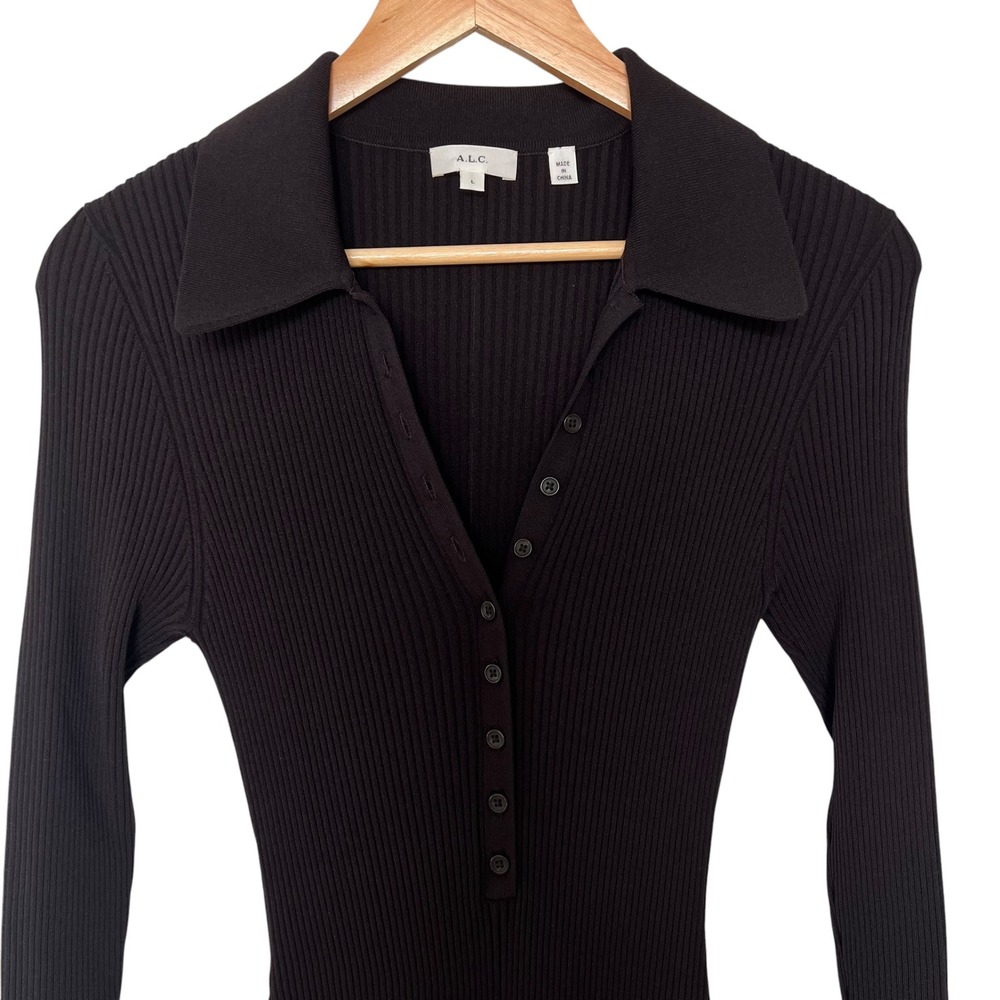 A.L.C Lance Ribbed Long Sleeve Asymmetrical Midi Slit Espresso Brown Dress SZ L - Picture 4 of 13